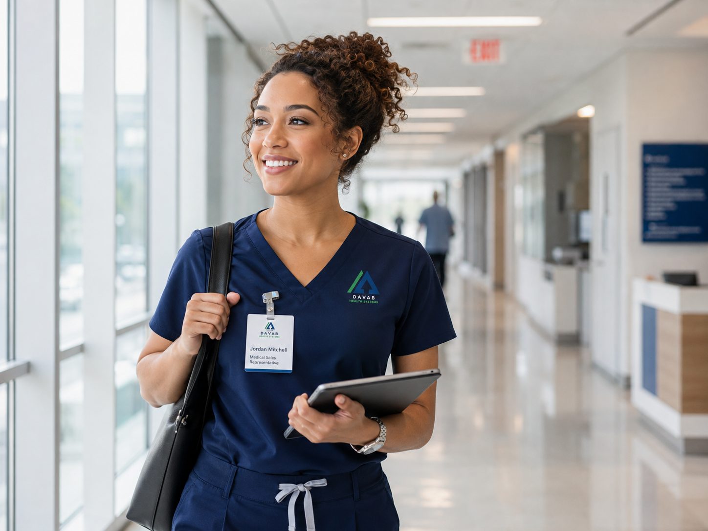DAVAB medical sales representative walking through a hospital corridor