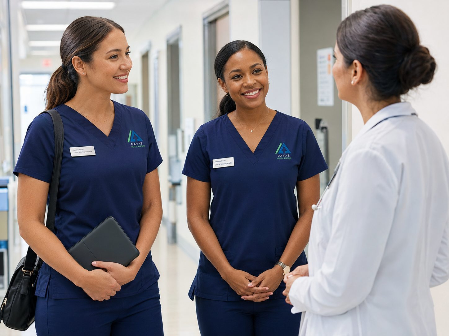 DAVAB sales representatives briefing a physician in a hospital hallway