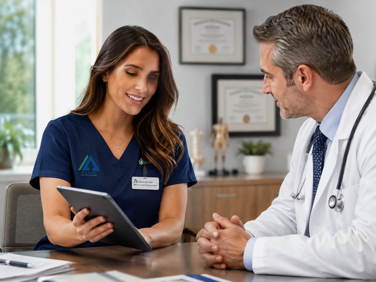 DAVAB medical sales representative reviewing product information with a physician