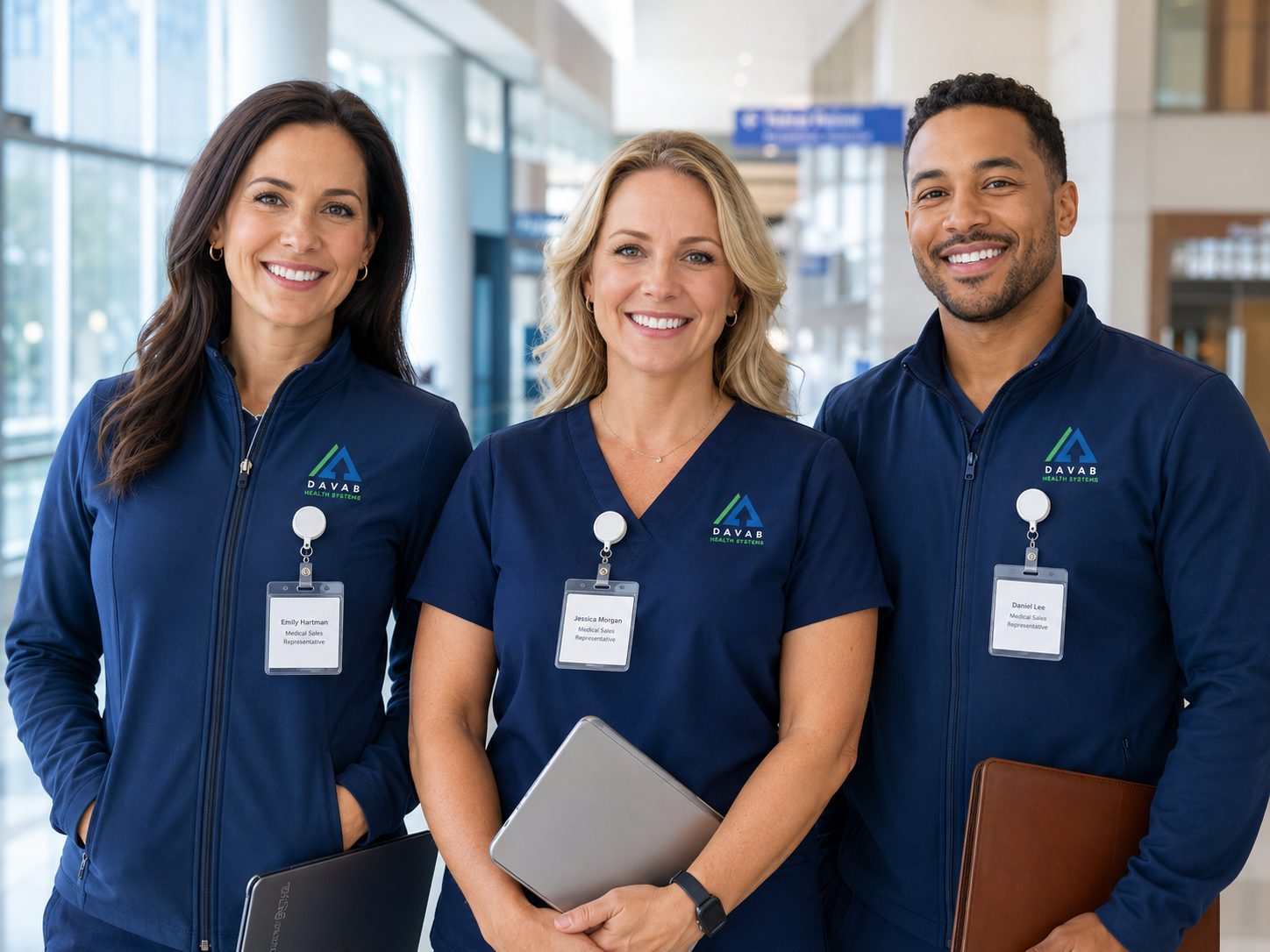 Three DAVAB medical sales representatives smiling in a hospital lobby